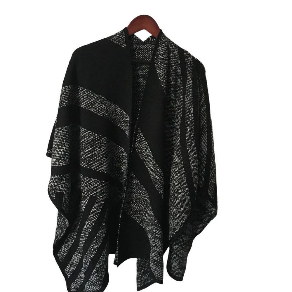 Open Front Knit Black Grey Gray Poncho Cardigan Sweater One Size Boho Western